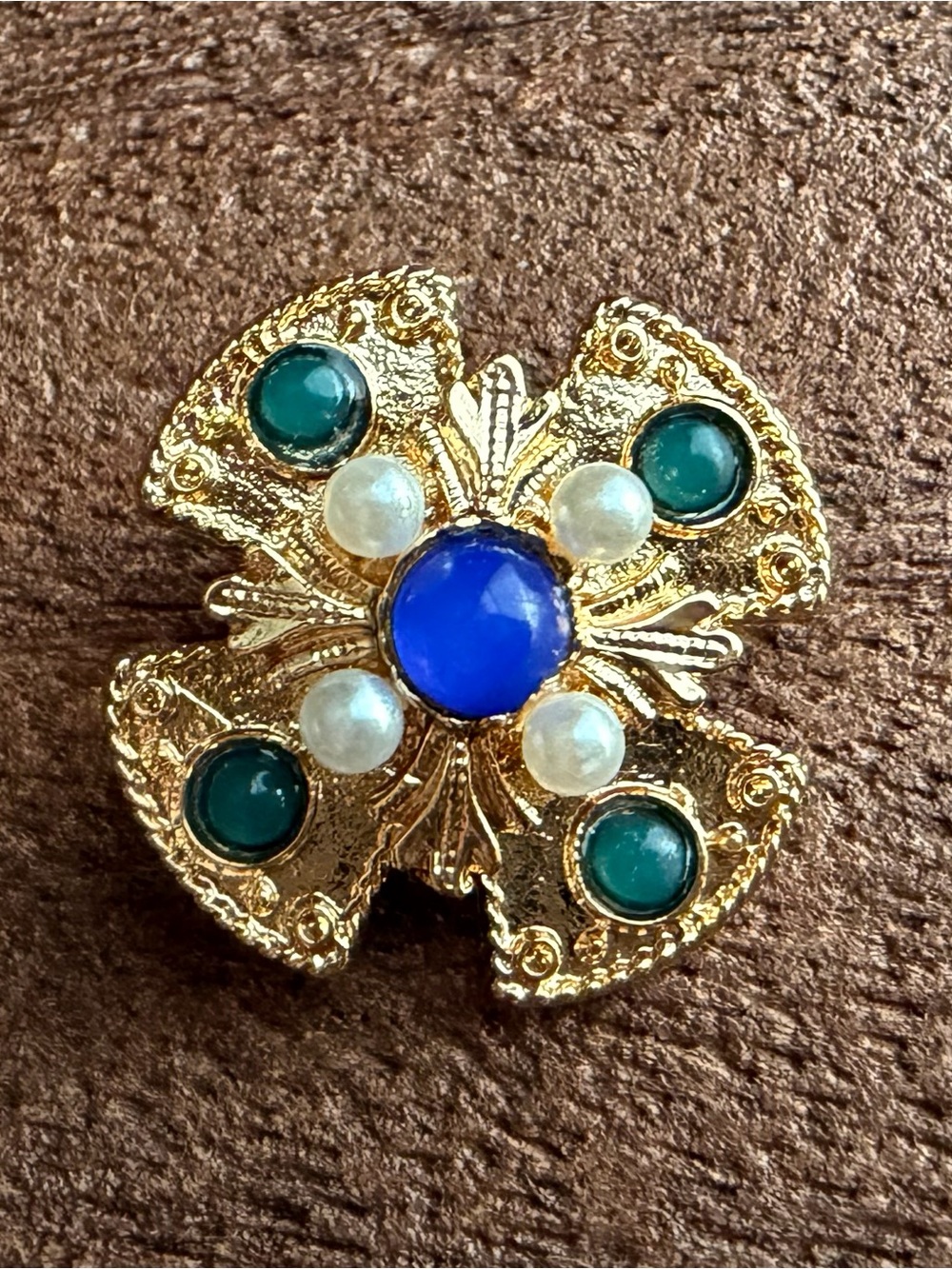 Maltese Cross Gold-ToneBrooch with Blue Center Cabochon and Green Accents